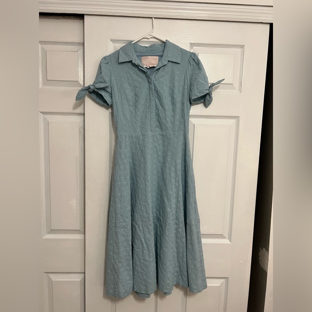Light Blue A-Line Collared Midi Dress with Tie Sleeves